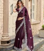 Wine embroidered embellished shimmer chiffon bollywood saree with blouse