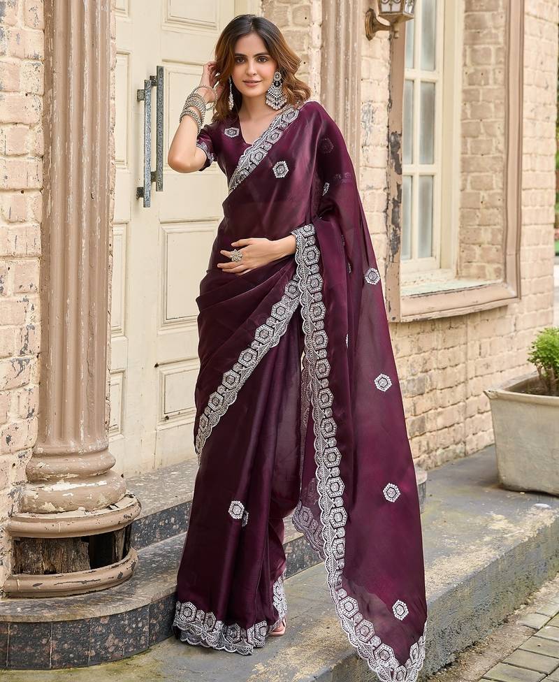 Wine embroidered embellished shimmer chiffon bollywood saree with blouse