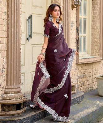 Wine embroidered embellished shimmer chiffon bollywood saree with blouse 2