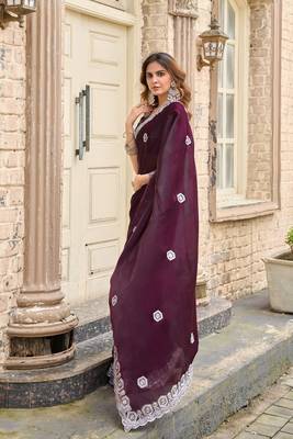Wine embroidered embellished shimmer chiffon bollywood saree with blouse 3