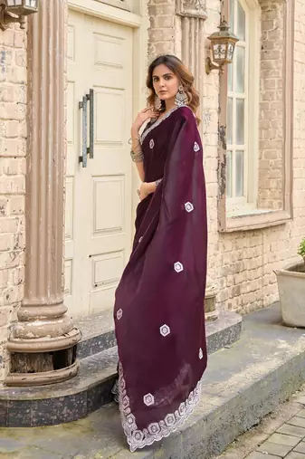 Wine embroidered embellished shimmer chiffon bollywood saree with blouse