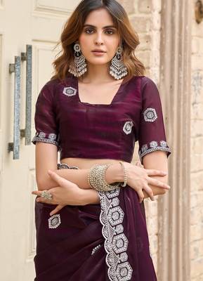 Wine embroidered embellished shimmer chiffon bollywood saree with blouse 5