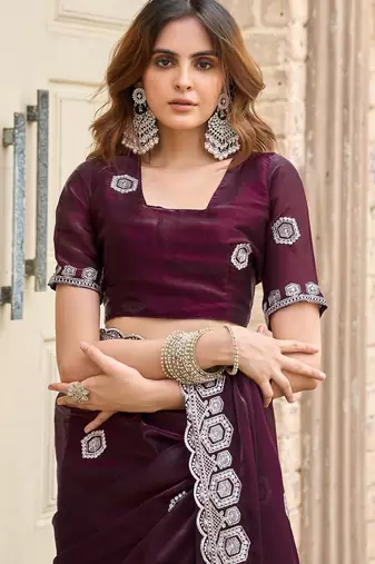 Wine embroidered embellished shimmer chiffon bollywood saree with blouse