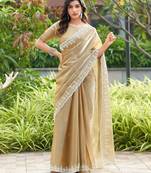 Beige embroidered shimmer chiffon bollywood saree with blouse
