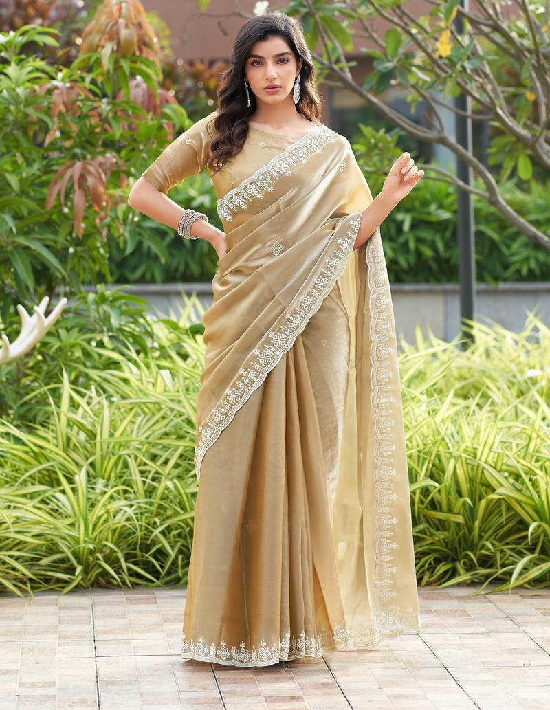Beige embroidered shimmer chiffon bollywood saree with blouse