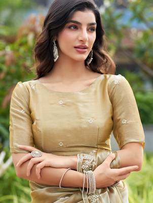 Beige embroidered shimmer chiffon bollywood saree with blouse 5