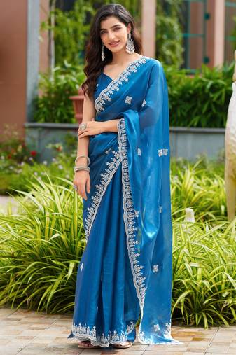 Blue embroidered shimmer chiffon bollywood saree with blouse