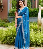 Blue embroidered shimmer chiffon bollywood saree with blouse