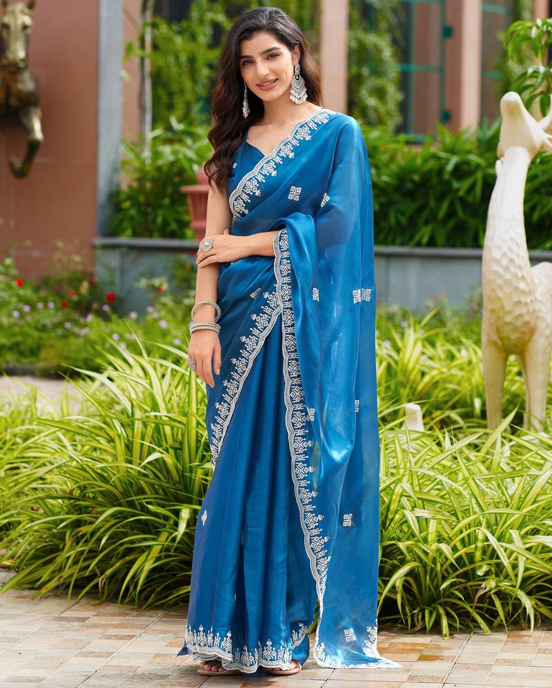 Blue embroidered shimmer chiffon bollywood saree with blouse