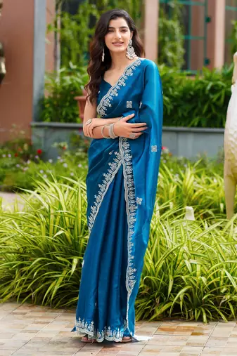 Blue embroidered shimmer chiffon bollywood saree with blouse