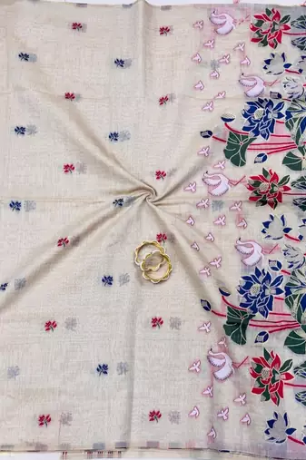 Cream Color elephant and floral type rich weaving pallu  Work Cotton Saree