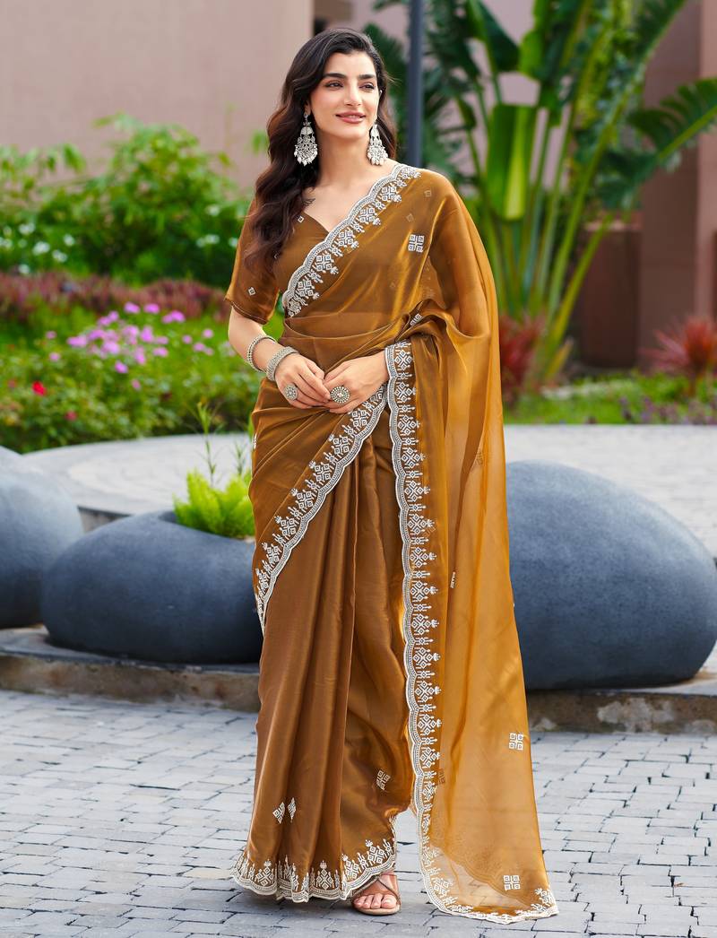 Copper embroidered shimmer chiffon bollywood saree with blouse