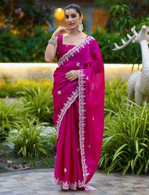 Dark pink embroidered shimmer chiffon bollywood saree with blouse 2