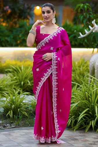 Dark pink embroidered shimmer chiffon bollywood saree with blouse