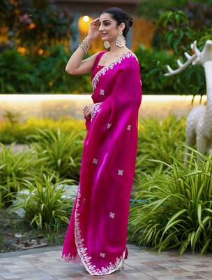 Dark pink embroidered shimmer chiffon bollywood saree with blouse 3