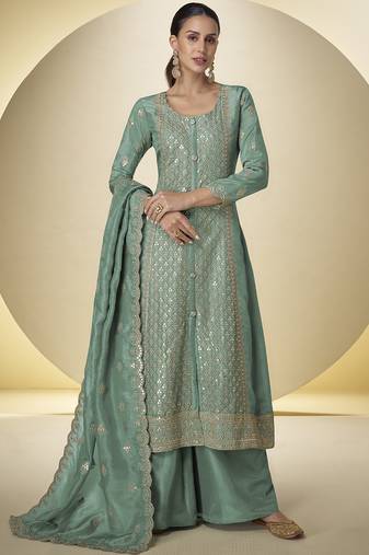 Dark-green embroidered simar silk salwar suit