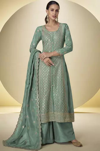 Dark-green embroidered simar silk salwar suit