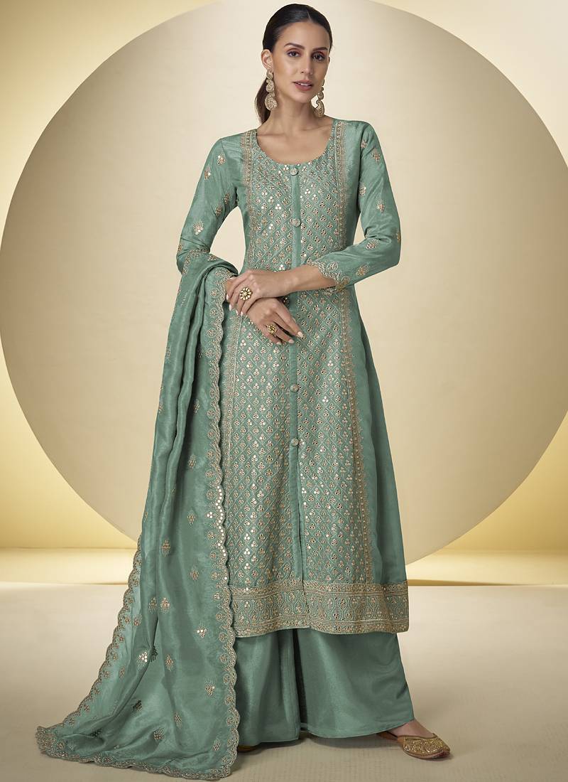 Dark-green embroidered simar silk salwar suit