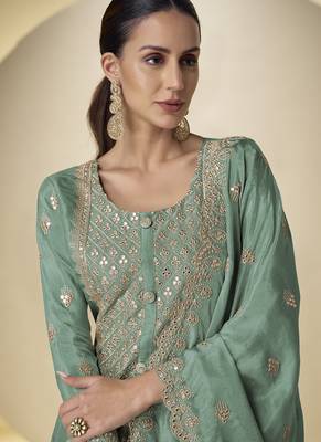 Dark-green embroidered simar silk salwar suit 2