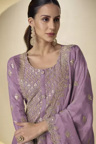 Dark-purple embroidered simar silk salwar suit