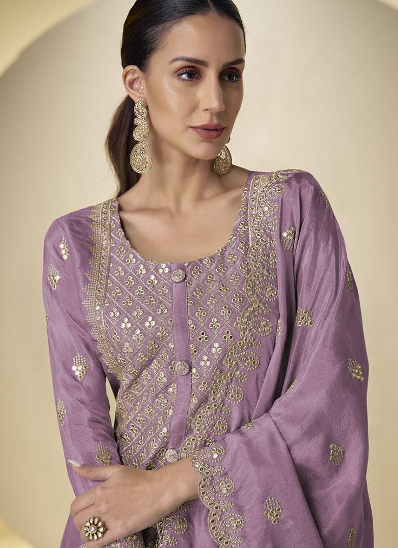 Dark-purple embroidered simar silk salwar suit