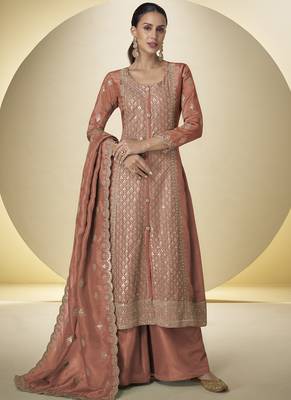 Dark-orange embroidered simar silk salwar suit 1