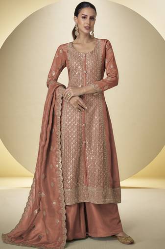 Dark-orange embroidered simar silk salwar suit