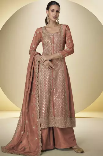 Dark-orange embroidered simar silk salwar suit