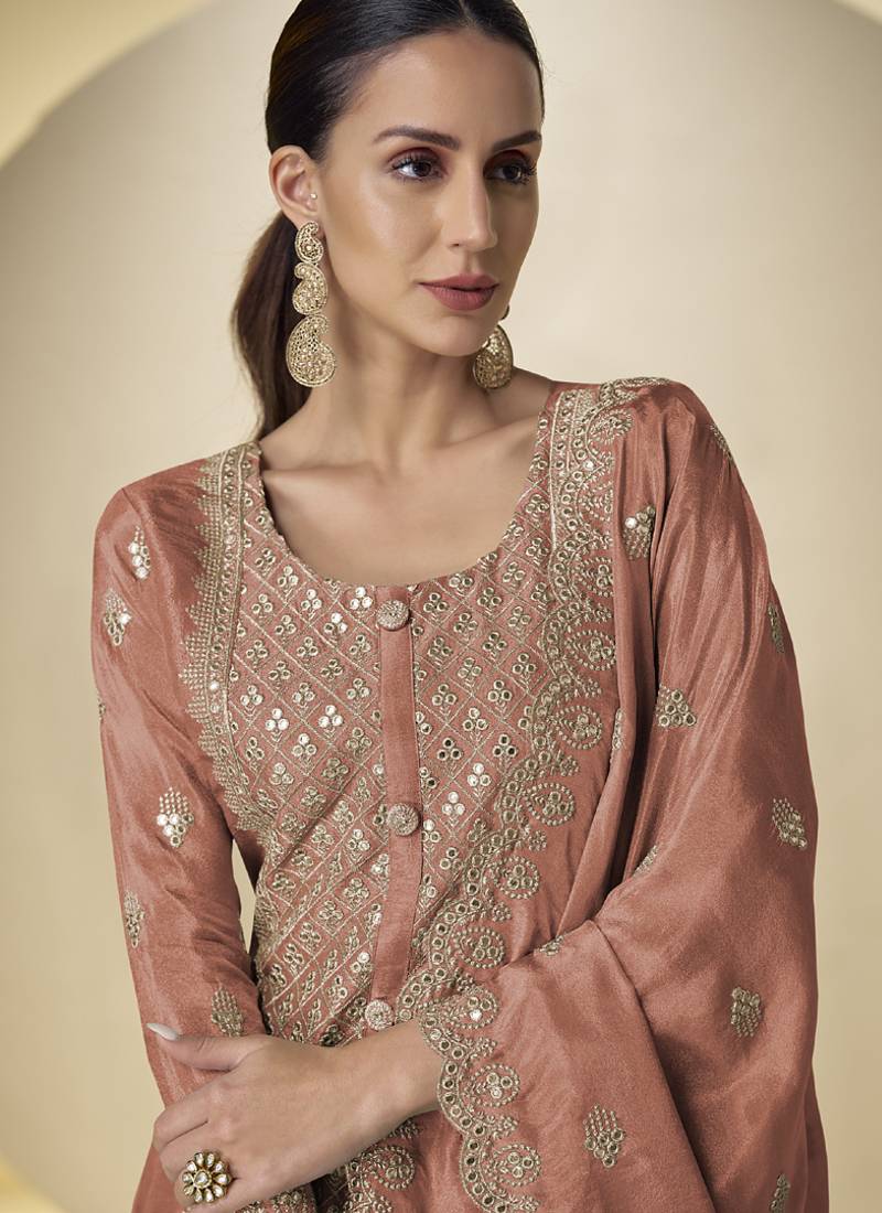 Dark-orange embroidered simar silk salwar suit