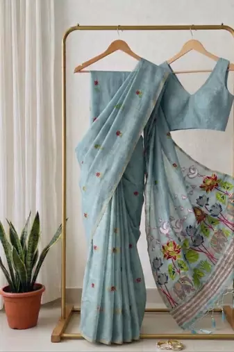 Grey Color elephant and floral type rich weaving pallu  Work Cotton Saree
