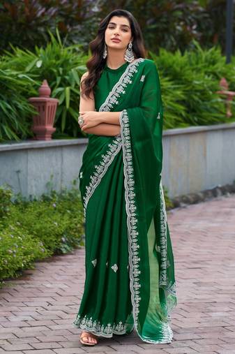 Green embroidered shimmer chiffon bollywood saree with blouse