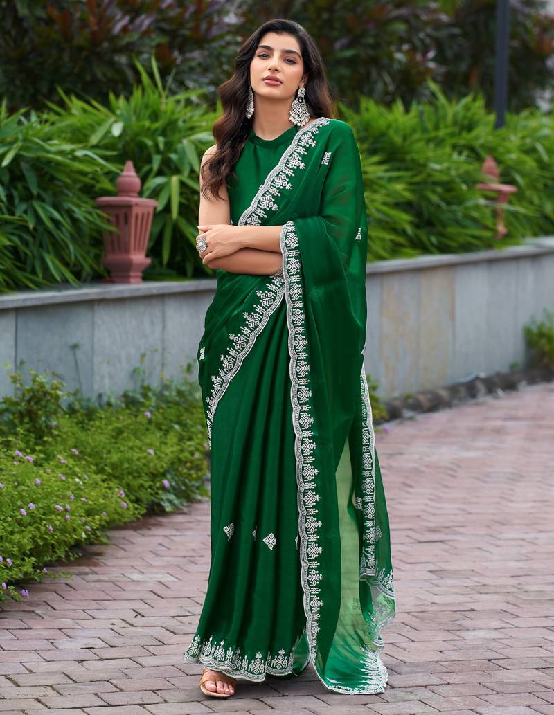 Green embroidered shimmer chiffon bollywood saree with blouse