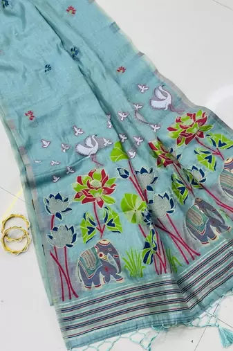 Grey Color elephant and floral type rich weaving pallu  Work Cotton Saree