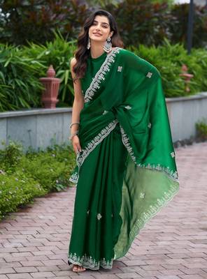 Green embroidered shimmer chiffon bollywood saree with blouse 2
