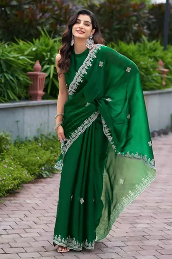 Green embroidered shimmer chiffon bollywood saree with blouse