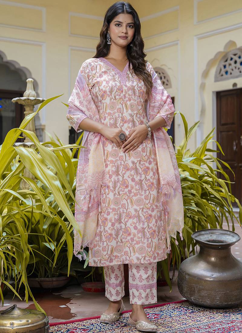 Light-peach cotton kota checks salwar suit