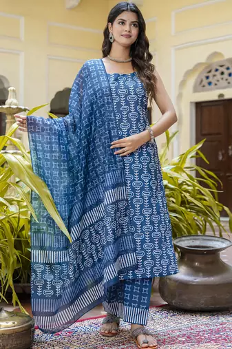 Blue cotton kota checks salwar suit