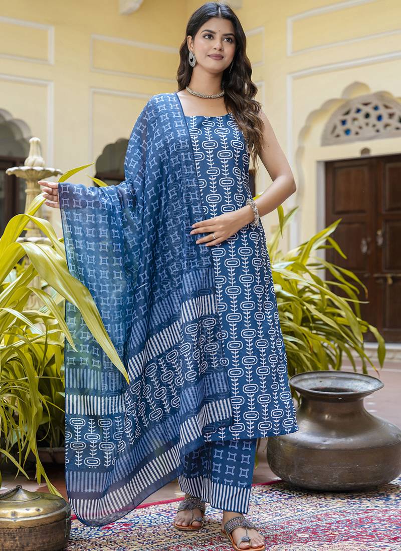 Blue cotton kota checks salwar suit