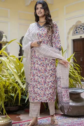 Cream cotton kota checks salwar suit