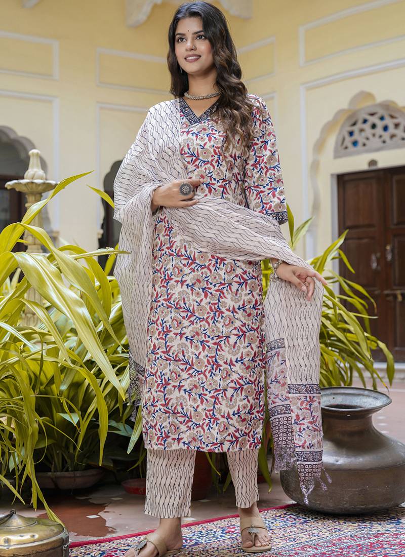 Cream cotton kota checks salwar suit
