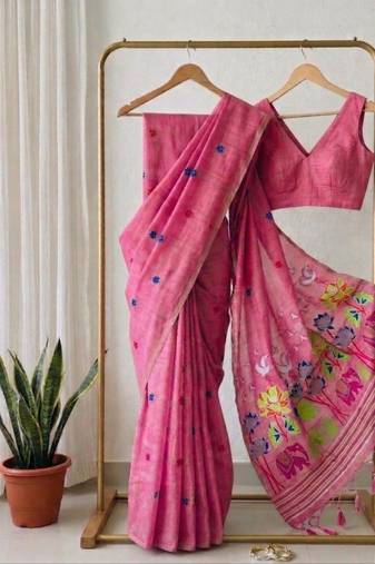 Pink Color elephant and floral type rich weaving pallu  Work Cotton Saree