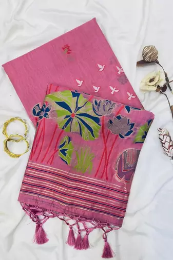 Pink Color elephant and floral type rich weaving pallu  Work Cotton Saree