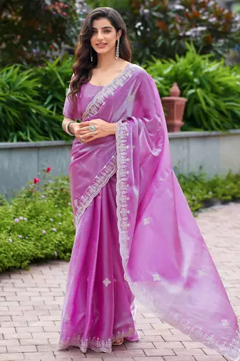 Light pink embroidered shimmer chiffon bollywood saree with blouse