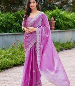 Light pink embroidered shimmer chiffon bollywood saree with blouse