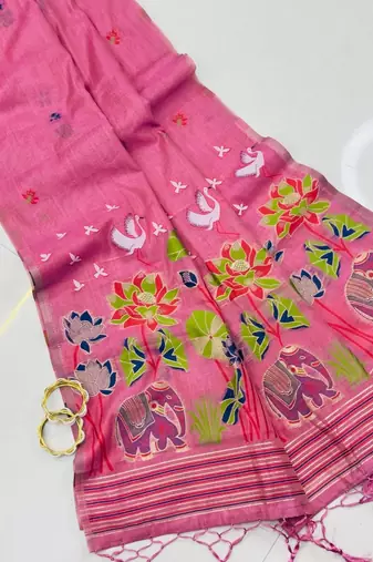 Pink Color elephant and floral type rich weaving pallu  Work Cotton Saree