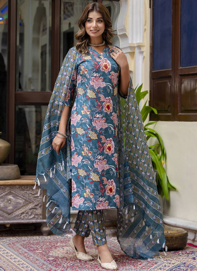 Teal cotton kota checks salwar suit