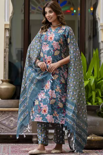 Teal cotton kota checks salwar suit