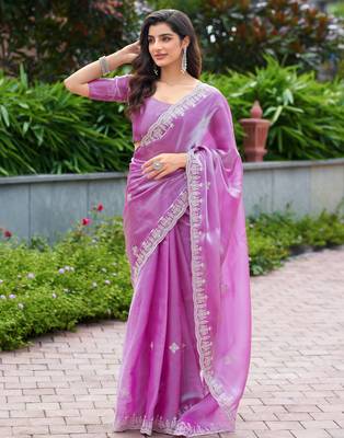 Light pink embroidered shimmer chiffon bollywood saree with blouse 2
