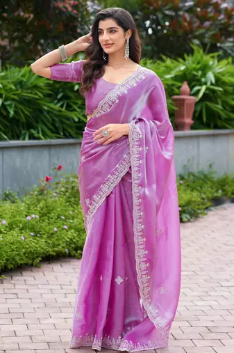 Light pink embroidered shimmer chiffon bollywood saree with blouse