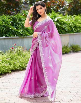 Light pink embroidered shimmer chiffon bollywood saree with blouse 3